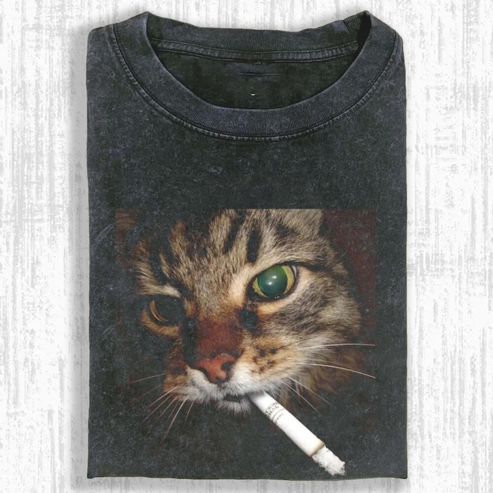Funny Cat Smoking Shirt, Vintage Cat Meme Graphic Black Tee